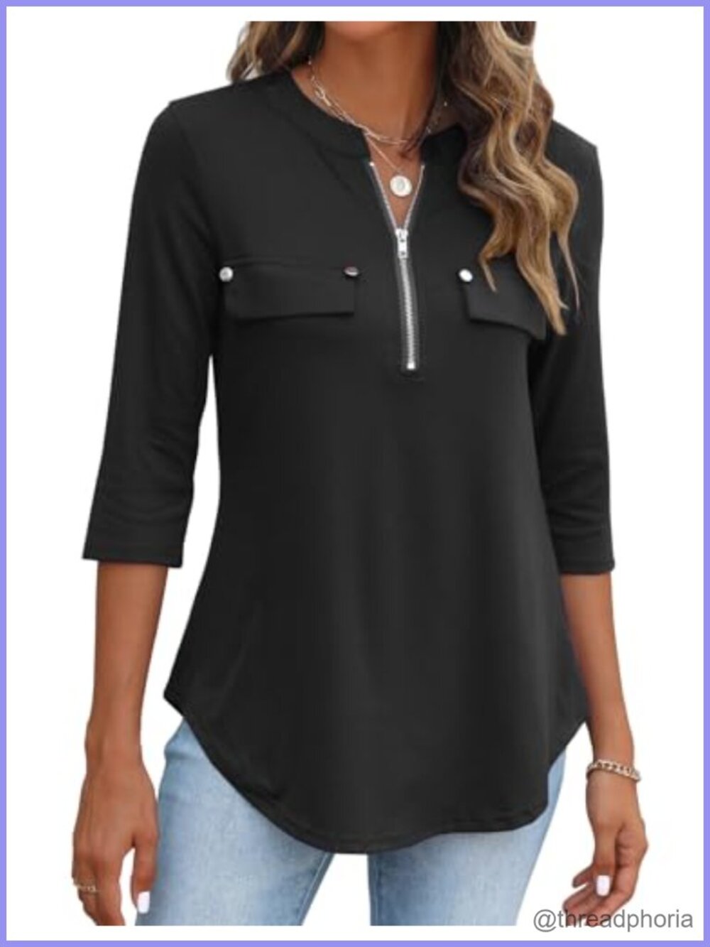 3/4 Length Sleeve Womens Tops V Neck Zipper Front Tunic Dressy Casual Shirt